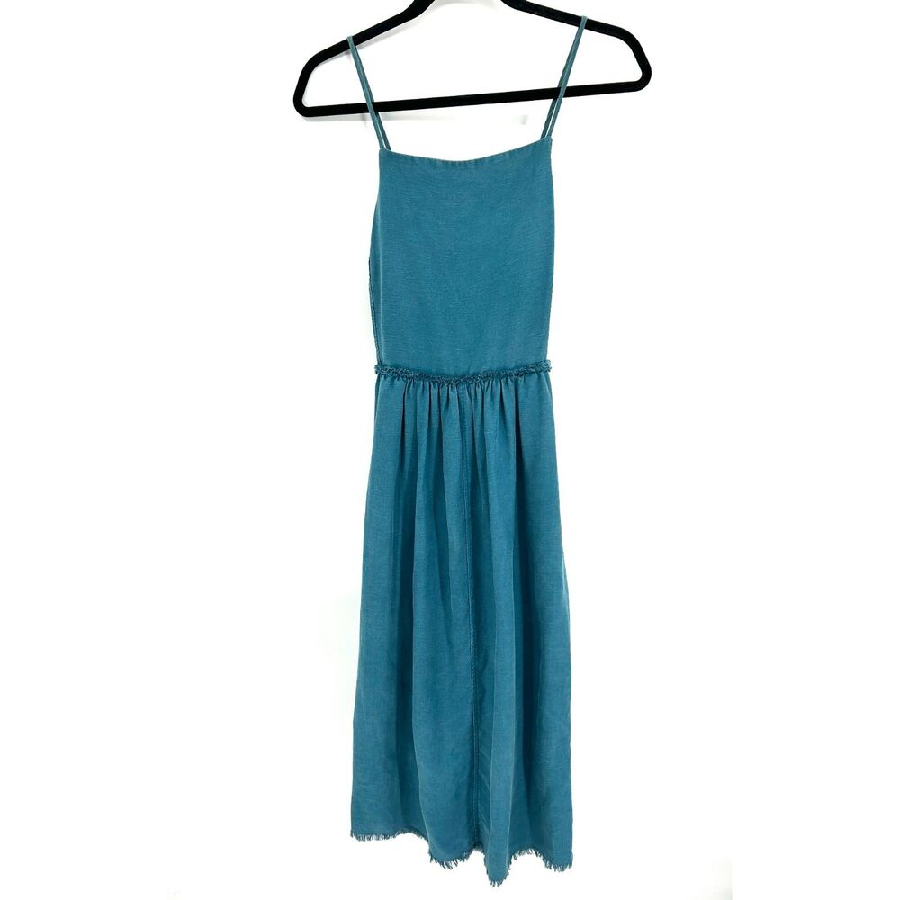 WILFRED Teal Blue Linen Lyocell Blend Cross Back Midi Dress Raw Hem Size 6